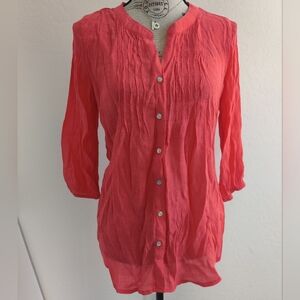 DB Sunday blood Orange Semi-sheer Button-down 3/4 sleeve Business Casual Blouse